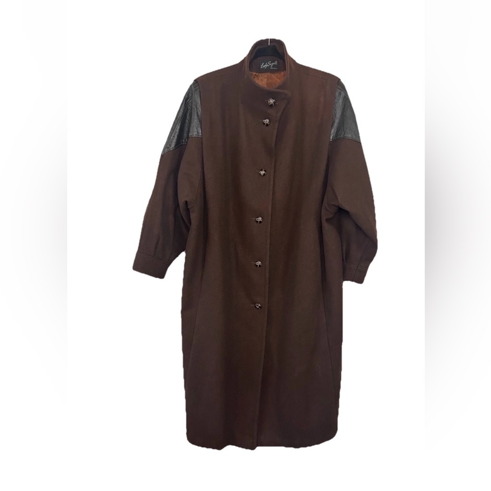 VTG Womens Brown Wool & Leather Maxi Duster Coat USA Oversized 80s XXL Bohemian - Picture 11 of 16